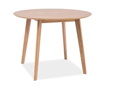 Jedálenský stôl MOSSO II v škandinávskom štýle má okrúhly tvar. 
• Jednoduchý a elegantný tvar vzniká kombináciou vrchnej dosky (MDF) vo farbe dub a drevenými nožičkami (dub).
• Stôl z kvalitného materiálu je vhodný do každej modernej jedálne a je možné ho kombinovať podľa vlastnej predstavy s inými produktami z našej ponuky.