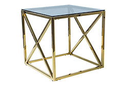 
	Konferenčný stolík ELISE predstavuje luxusný element nábytku pre každú modernú domácnosť.

	• Špecifický vzhľad je výsledkom vrchnej dosky z tvrdeného skla a konštrukcie z kovu.

	• Konštrukcia v zlatom farebnom prevedení je v tvare kocky, ktorá na dvoch stranách obsahuje prekrížené priečky.

	• Vďaka úsporným rozmerom je vhodný aj do menších priestorov.

	• Dodávaný v demonte.

	 

	Farba stolíka na Vašom monitore sa nemusí zhodovať so skutočným farebným prevedením produktu.
