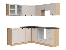 
	Rohová zostava Junona Line – štýlová kuchynská linka.

	Táto moderná kuchynská linka s rozmermi 200x180 cm kombinuje estetiku s praktickými riešeniami, ktoré vám uľahčia každodennú prípravu jedál.

	Vďaka svojej všestrannosti môžete konštrukciu jednoducho prispôsobiť ľavému alebo pravému rohu v závislosti od vašich individuálnych potrieb a dispozičného riešenia miestnosti.

	Spodná časť ponúka všetko potrebné: praktické skrinky s dvierkami, priestrannú skrinku pod drez, miesto na rúru a funkčnú sadu troch zásuviek na kuchynské doplnky.

	Horné závesné skrinky vám poskytnú ďalší priestor na uloženie riadu a potravín, ako aj na zabudovanie digestora (nie je súčasťou balenia).

	Korpusy v prevedení dub bernstein&nbsp;sú doplnené dvierkami v elegantnom prevedení&nbsp;uni kashmir&nbsp;s ozdobným rámom. Jednoduché čierne úchytky dokresľujú čistý, harmonický vzhľad.

	Pracovná doska vo farebnom prevedení čiernozlatá metalická bridlica&nbsp;je súčasťou produktu. Pracovná doska je delená, samostaná na každej skrinke, s výnimkou drezovej skrinky, ktorá je bez pracovnej dosky.

	Pre drezovú skrinku je vhodný celoplošný drez v rozmere 80x60cm.

	&nbsp;

	Zostava obsahuje:

	● Spodné skrinky: DK2D/80/82, DNW/100/82, D1D/40/82, DPK/60/82, D3S/40/82

	● Horné skrinky: G2W/80/57, G1D/40/57, GNWU/60/57, G1D/40/57, GO/60/30 G1D/40/57 

	● Sada rukovätí a podstavca.

	● Úchytky.

	&nbsp;

	Kuchynskú linku Junona Line je tiež možné rozšíriť o ďalšie skrinky z rovnakej kolekcie, v rovnakom dizajne.
