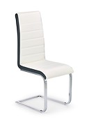 Jedálenská stolička K132 je vyrobená z chrómovanej ocele.
• Celkový vzhľad pôsobí originálne vďaka formovanému tvaru stoličky a farebnej kombinácii čalúnenia. 
• Povrch je potiahnutý bielou ekokožou, ktorú strieda po boku čierne prevedenie. 
• Materiál: chrómovaná oceľ / ekokoža