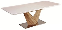 Charakteristika: 

•     Rozkladací jedálenský stôl.
•     Určený pre veľké rodiny - Stôl je možné rozložiť na dĺžku 220 cm.
•     MDF + kartáčovaná oceľ vo farebnom prevedení biela/dub sonoma.
•     Cena neobsahuje stoličky. Na obrázku stoličky H-133.
•     Jednoduchá montáž.