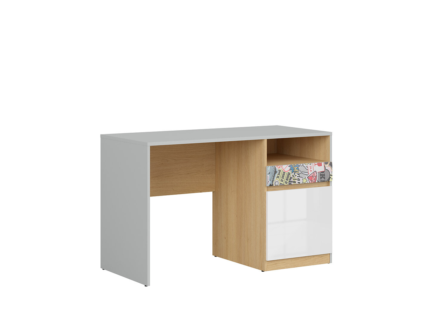 Písací stôl NANDU BIU1D1S svetlosivá/ dub poľský/ biely lesk/ sticker